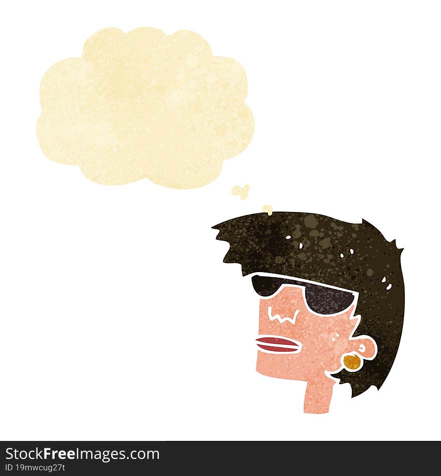 cartoon female face with glasses with thought bubble