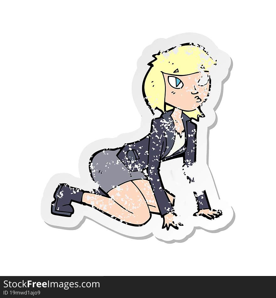 retro distressed sticker of a cartoon woman on hands and knees