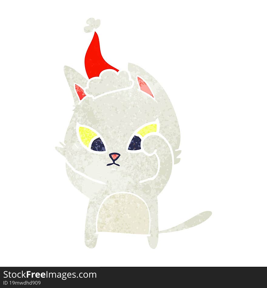 Confused Retro Cartoon Of A Cat Wearing Santa Hat