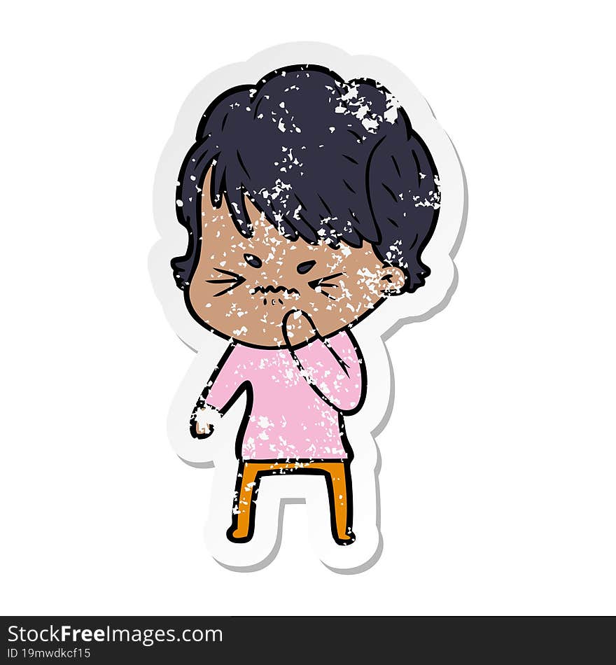 distressed sticker of a cartoon frustrated woman