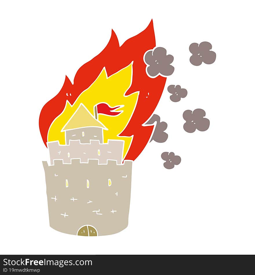 Flat Color Illustration Of A Cartoon Burning Castle