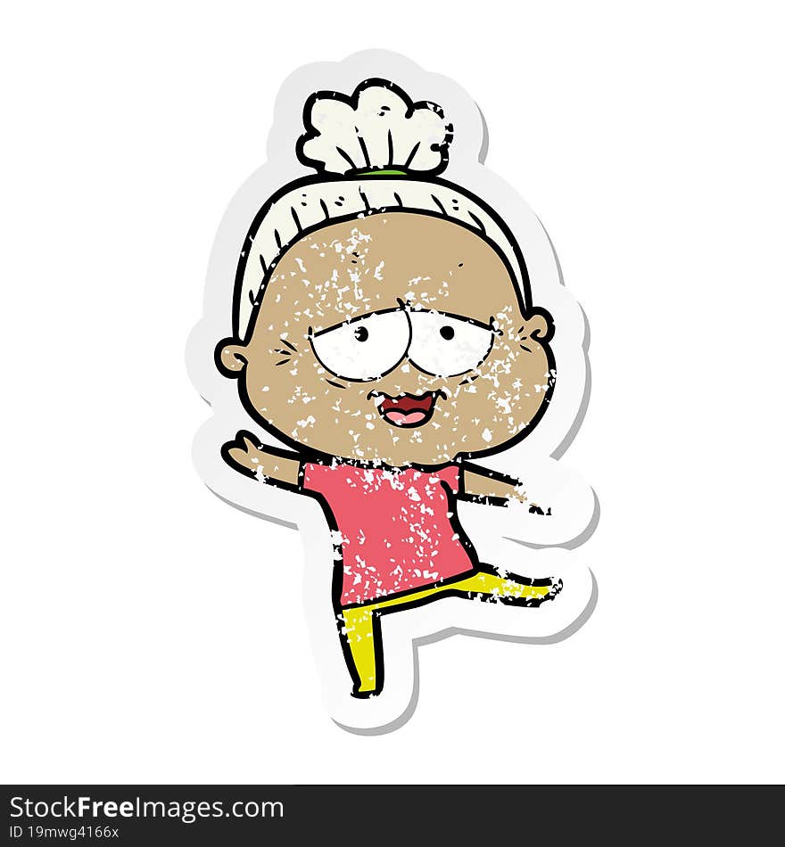 Distressed Sticker Of A Cartoon Happy Old Lady