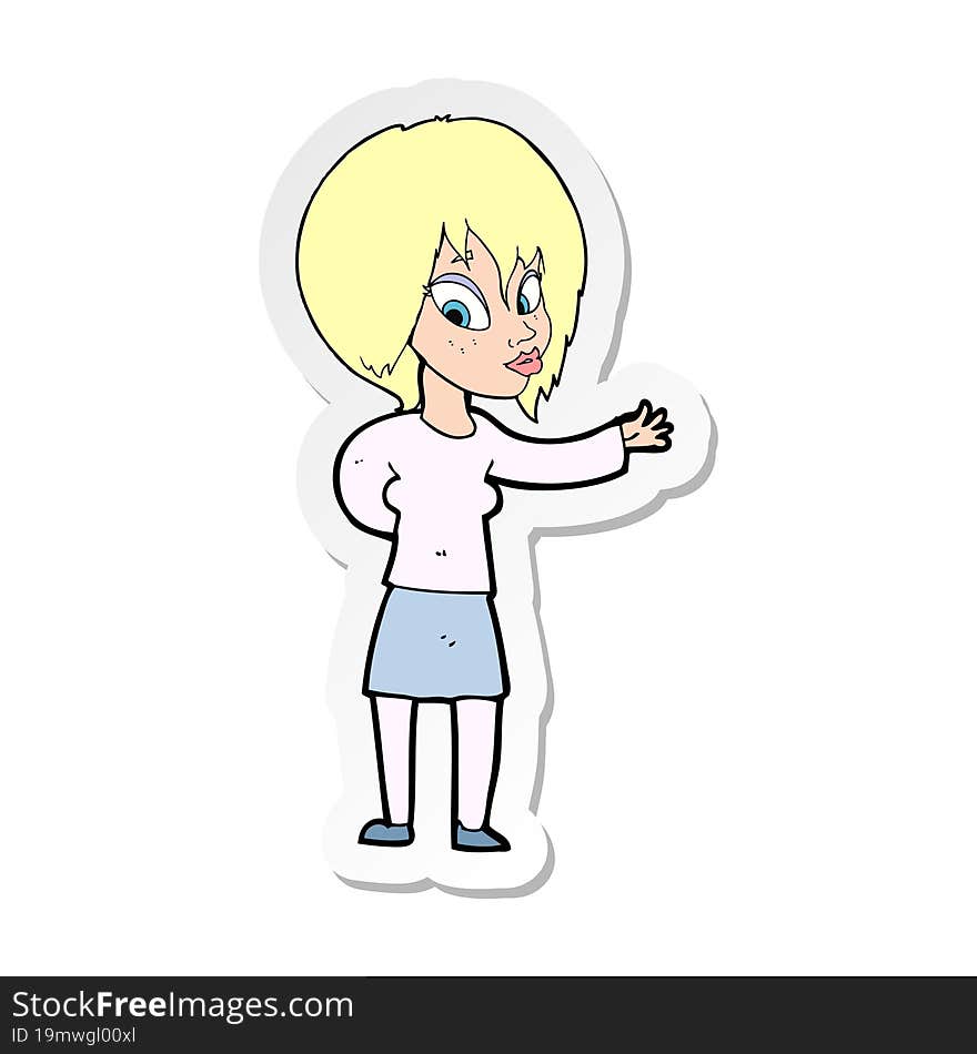 sticker of a cartoon woman making welcome gesture