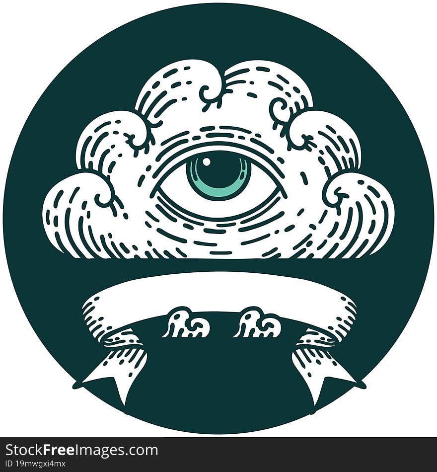 tattoo style icon with banner of an all seeing eye cloud