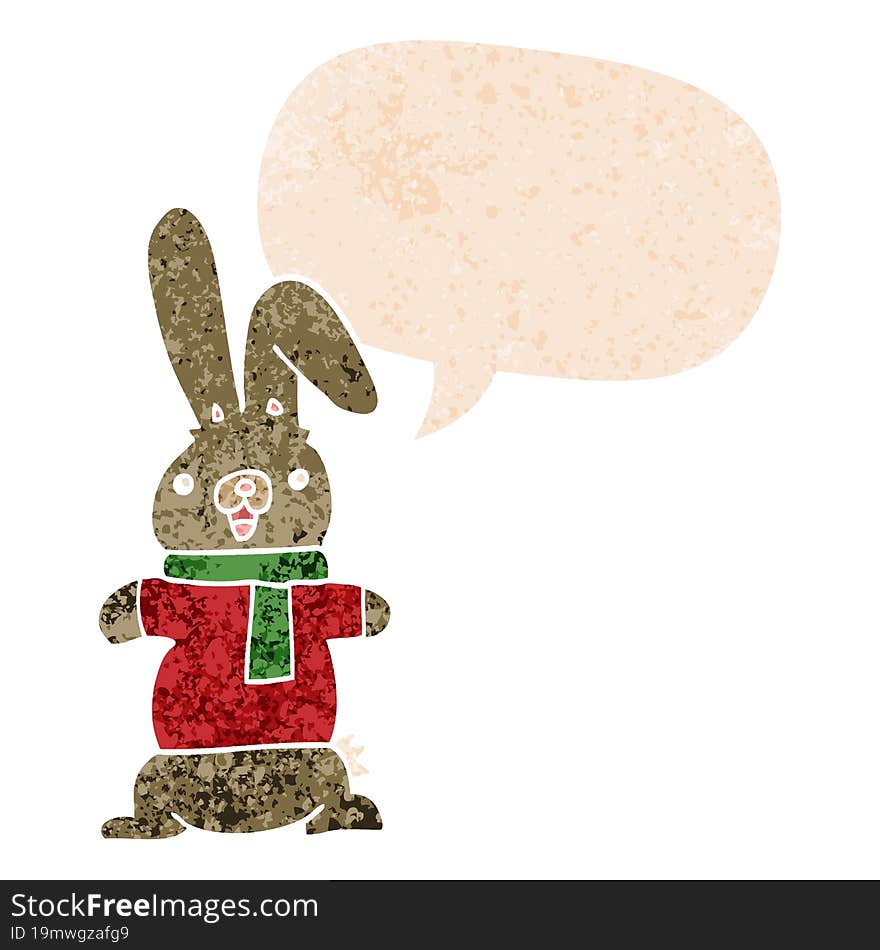 cartoon rabbit with speech bubble in grunge distressed retro textured style. cartoon rabbit with speech bubble in grunge distressed retro textured style