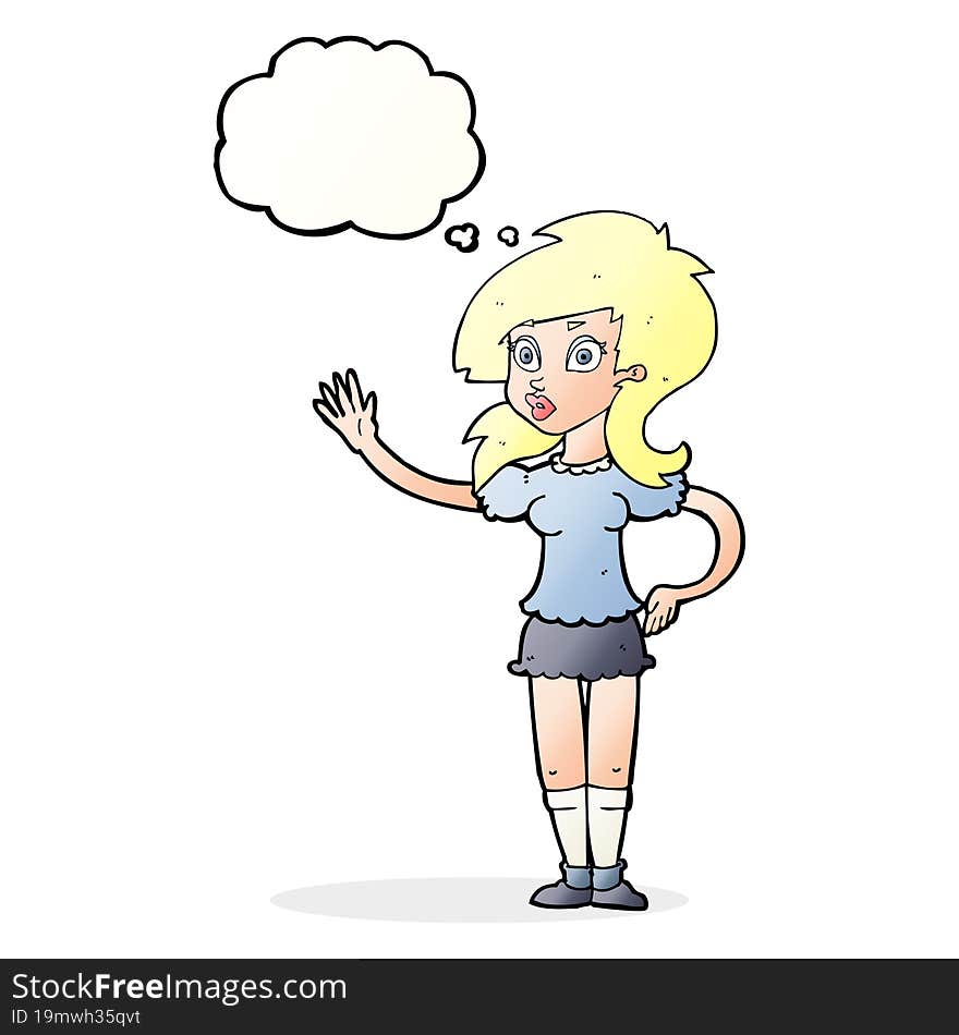 cartoon pretty woman waving for attention with thought bubble