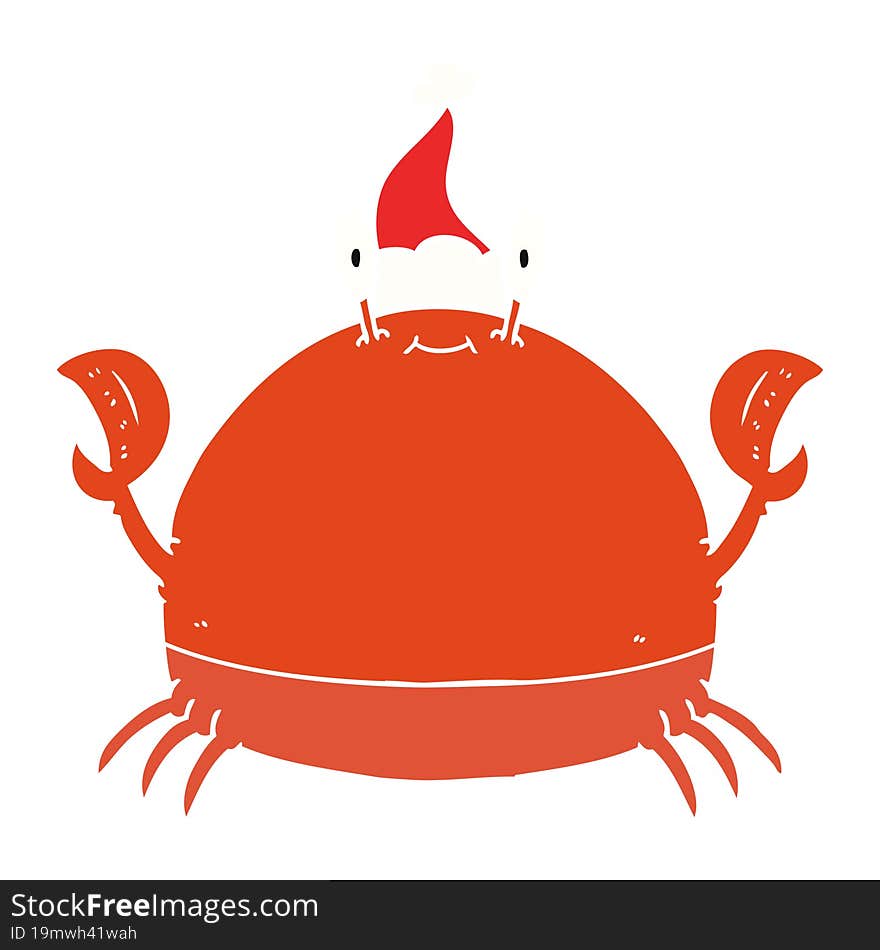 hand drawn flat color illustration of a crab wearing santa hat