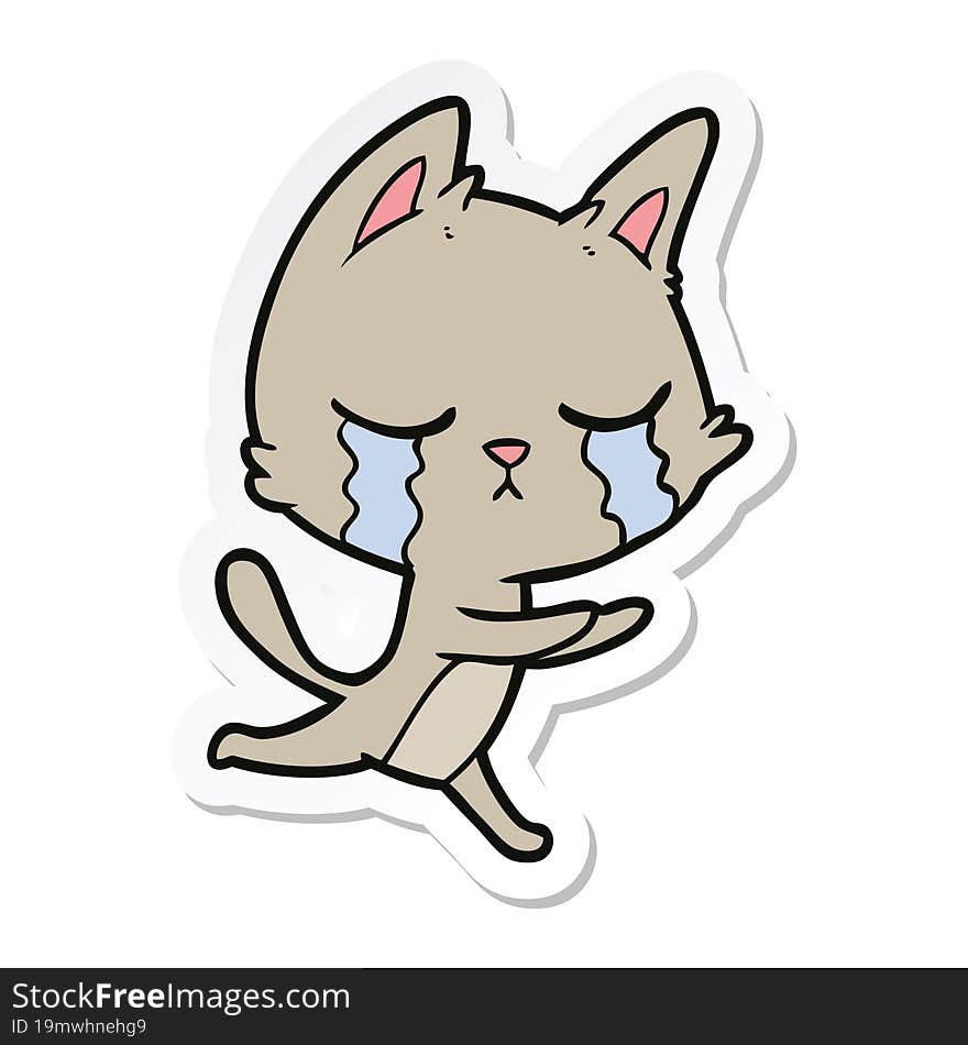 sticker of a crying cartoon cat running