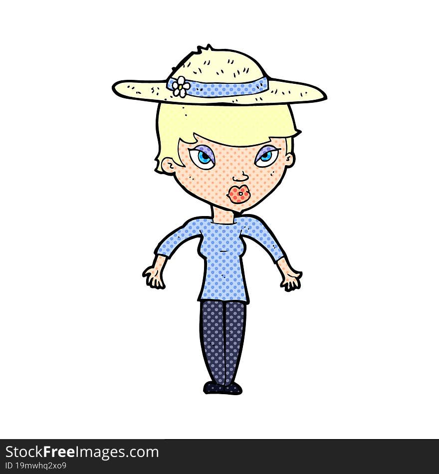 cartoon woman wearing summer hat. cartoon woman wearing summer hat