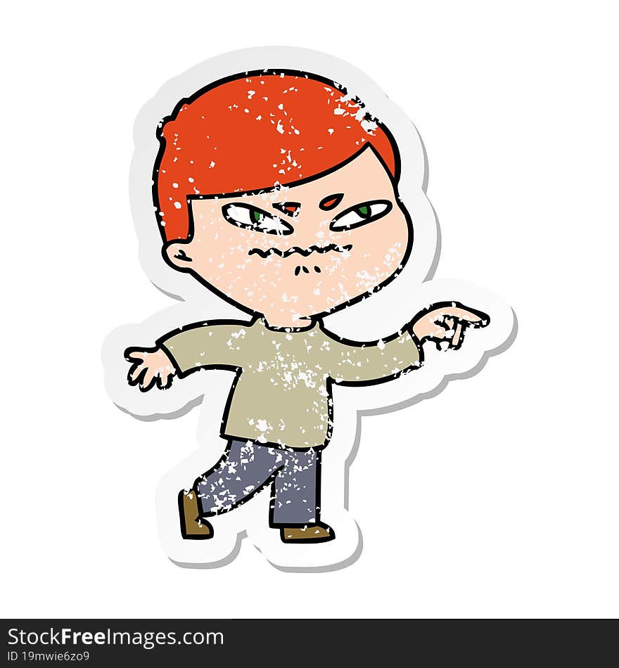 distressed sticker of a cartoon angry man pointing