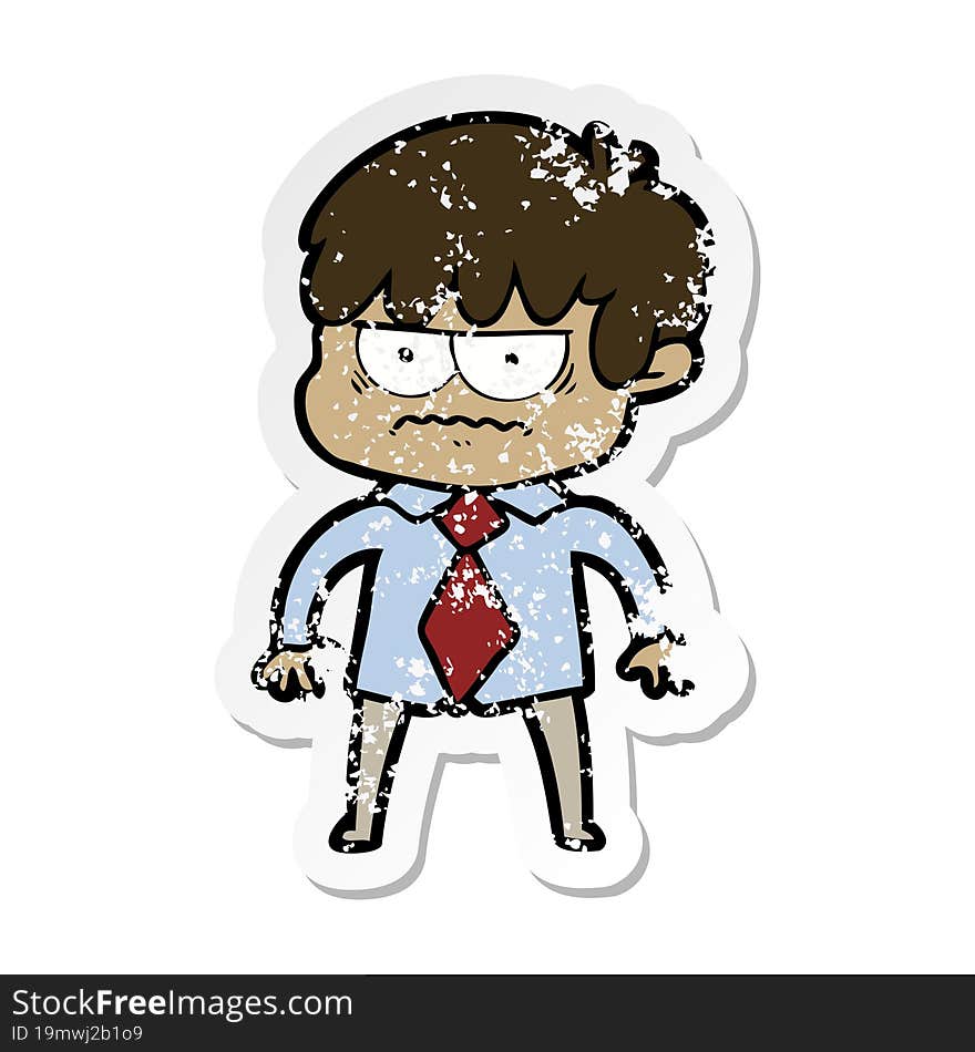 distressed sticker of a annoyed cartoon boy