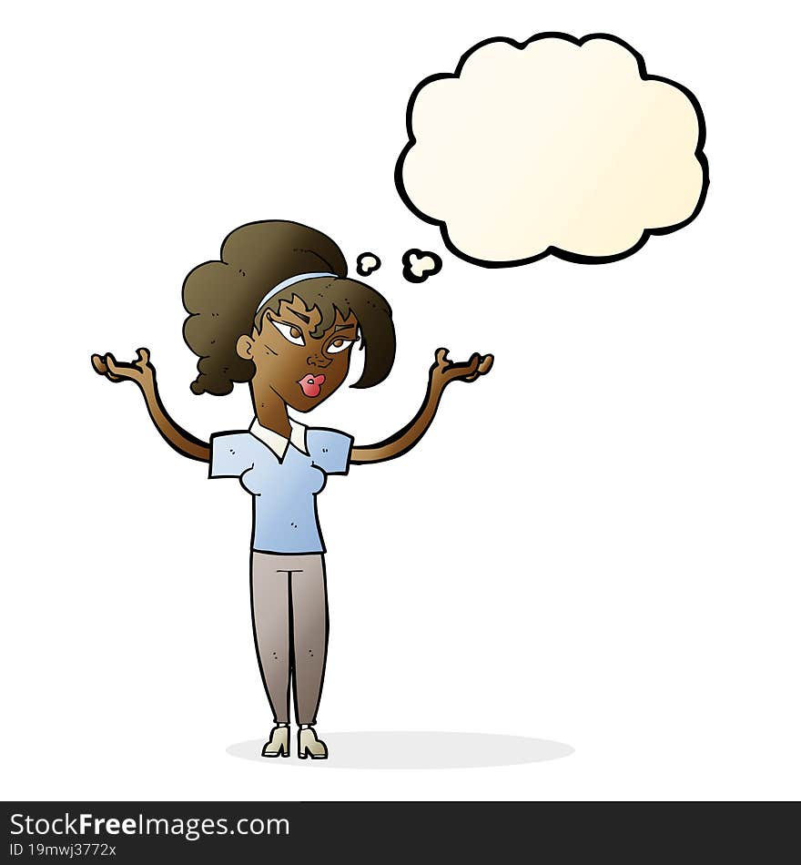 cartoon woman raising hands in air with thought bubble