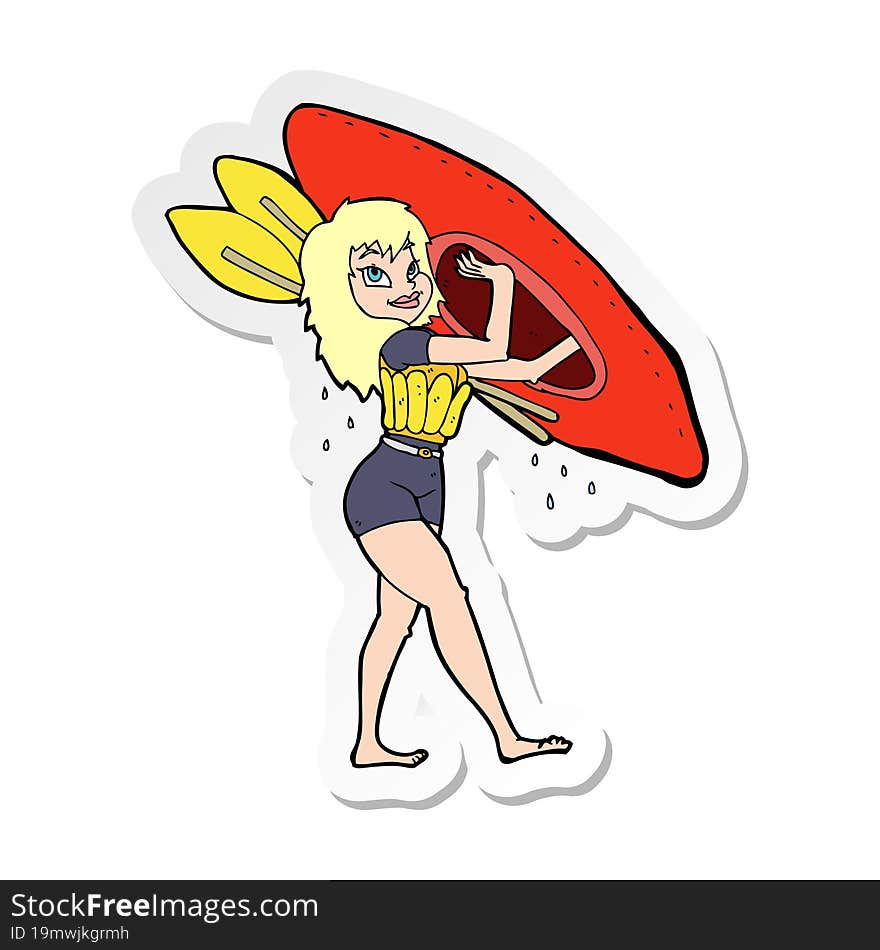 sticker of a cartoon woman carrying canoe