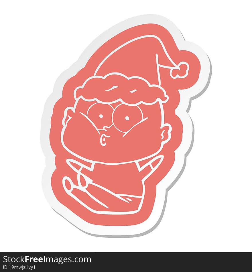 cartoon  sticker of a bald man staring wearing santa hat