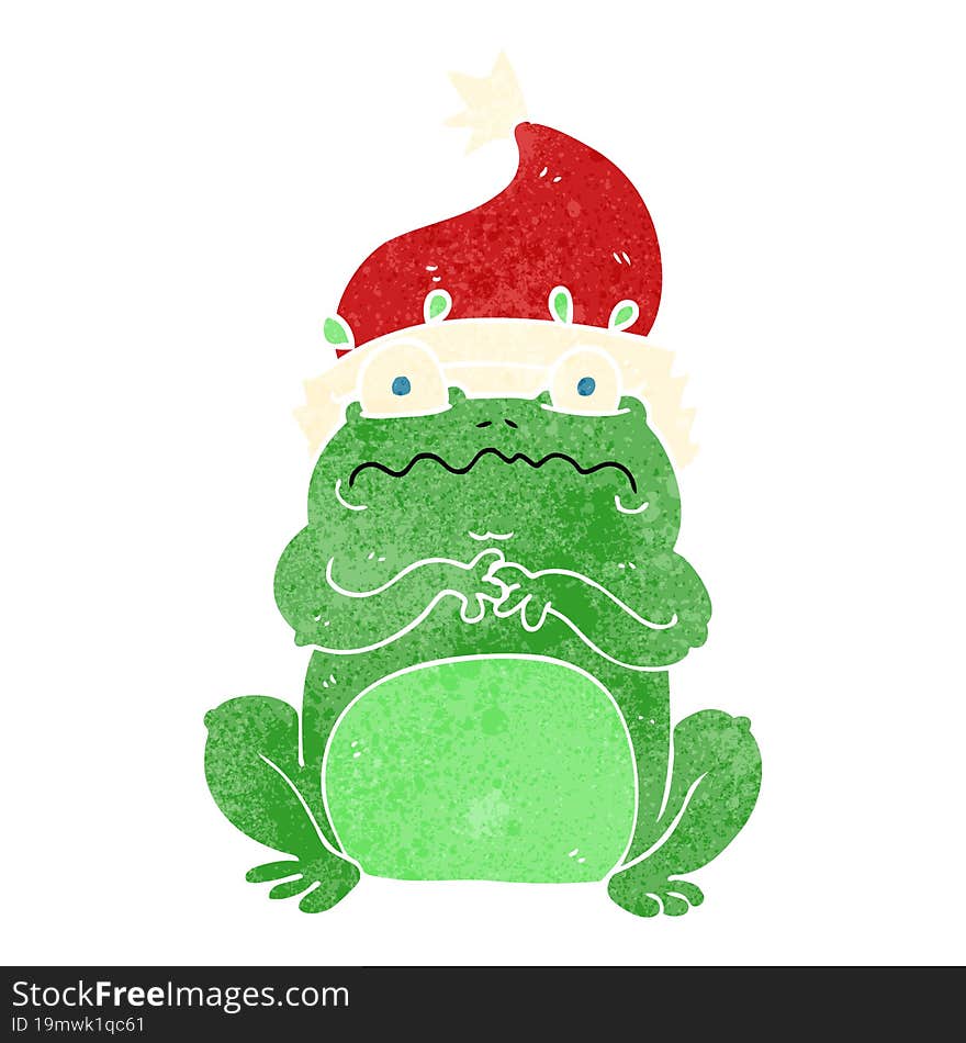 freehand retro cartoon frog in christmas hat