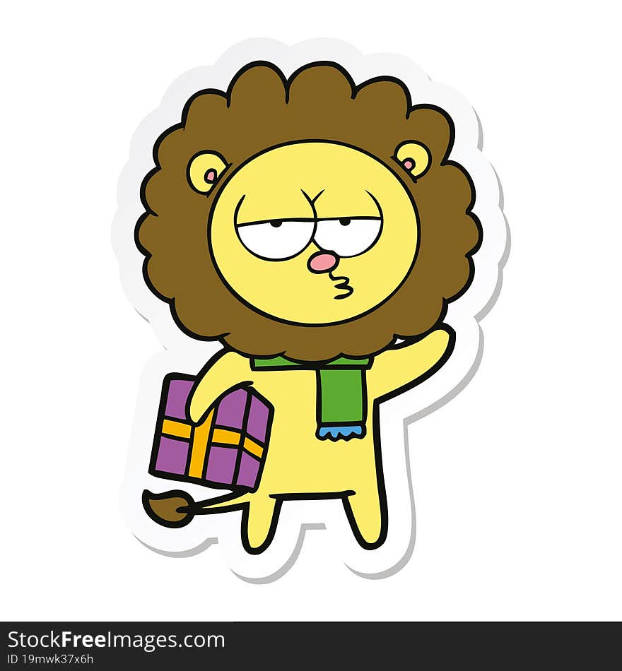 sticker of a cartoon tired lion with gift