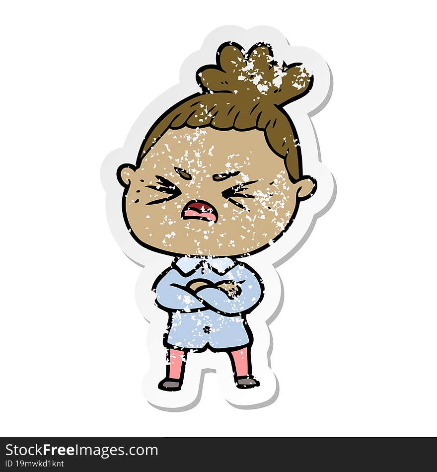 distressed sticker of a cartoon angry woman