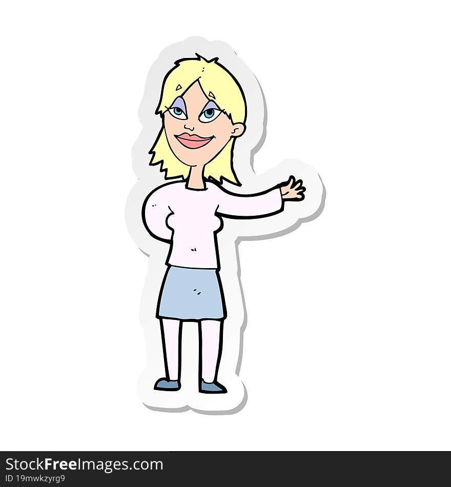 sticker of a cartoon woman gesturing to show something