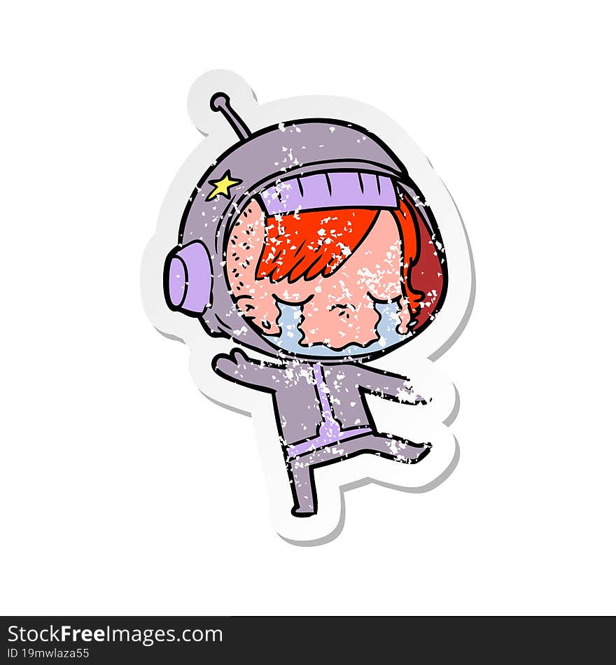 distressed sticker of a cartoon crying astronaut girl