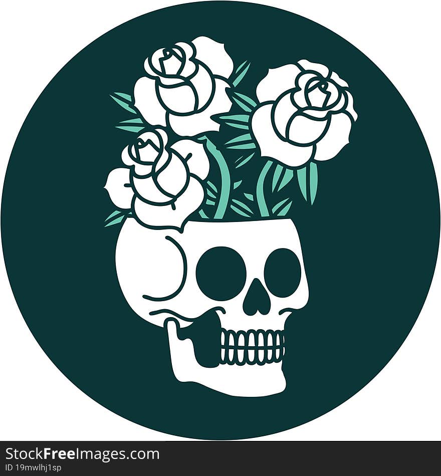 tattoo style icon of a skull and roses