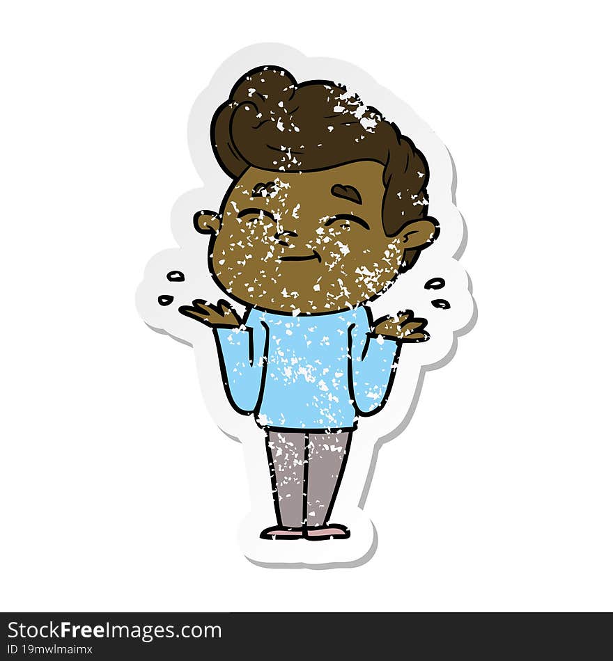 distressed sticker of a happy cartoon man shrugging