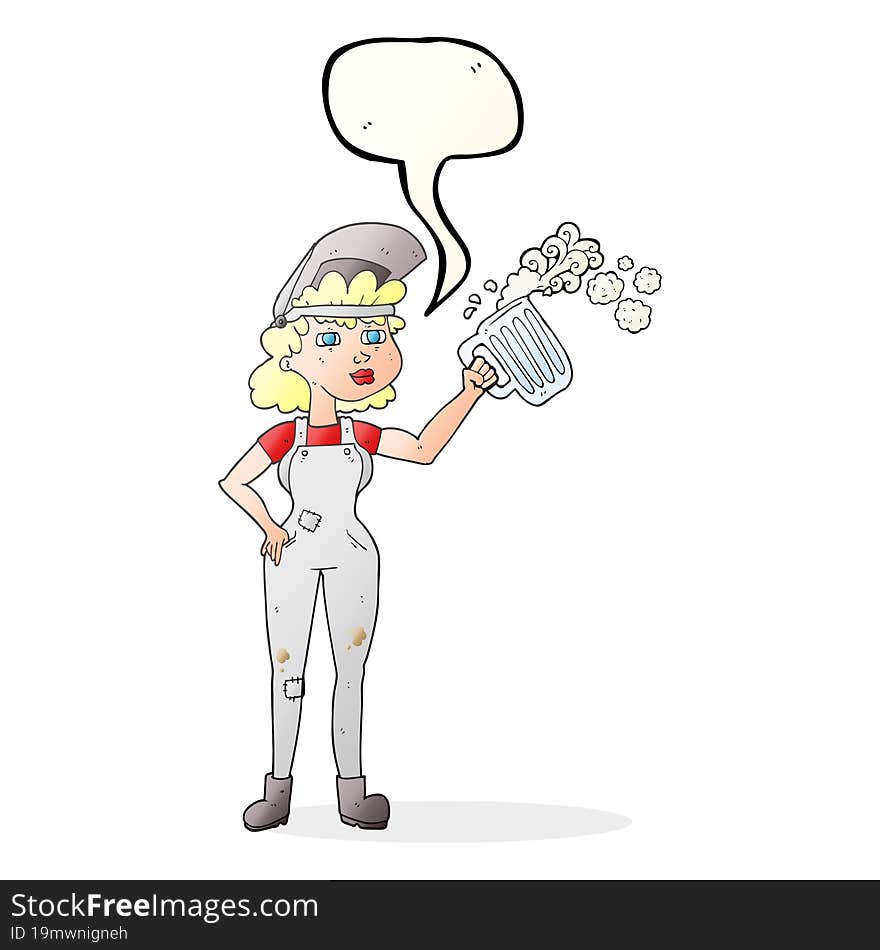 Speech Bubble Cartoon Hard Working Woman With Beer