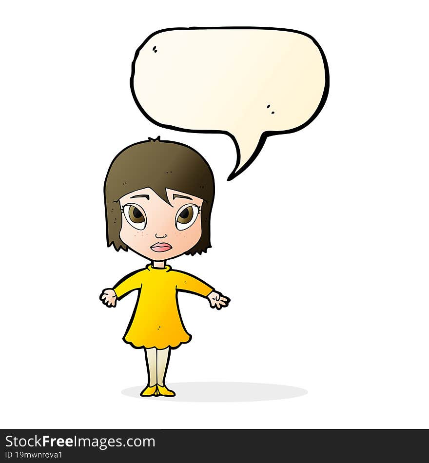 cartoon girl in dress with speech bubble