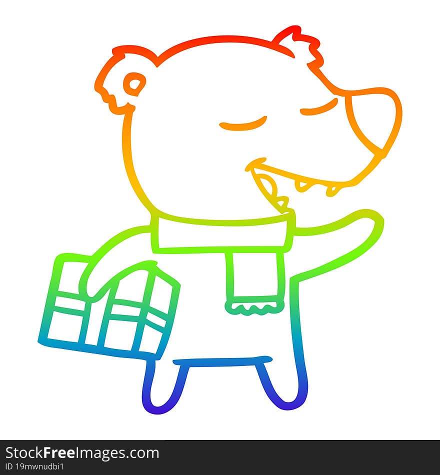 rainbow gradient line drawing cartoon bear with present