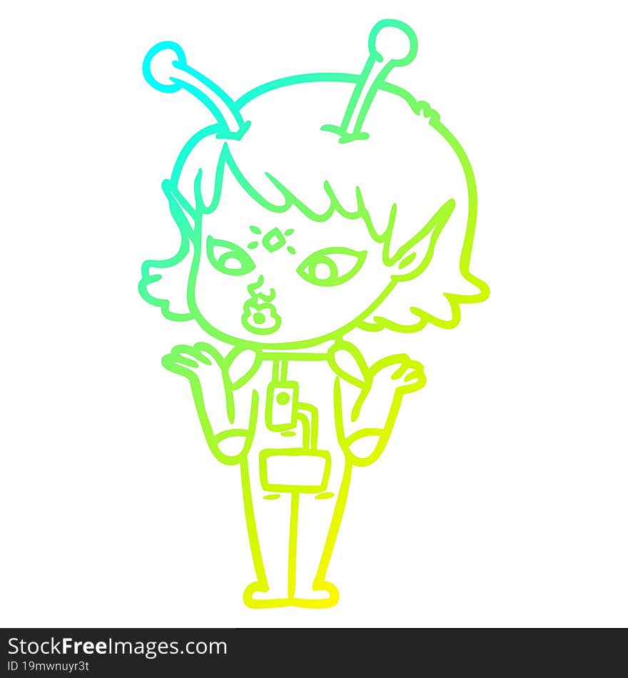 Cold Gradient Line Drawing Pretty Cartoon Alien Girl