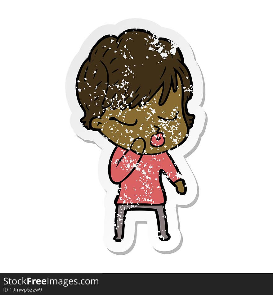 distressed sticker of a cartoon woman with eyes shut