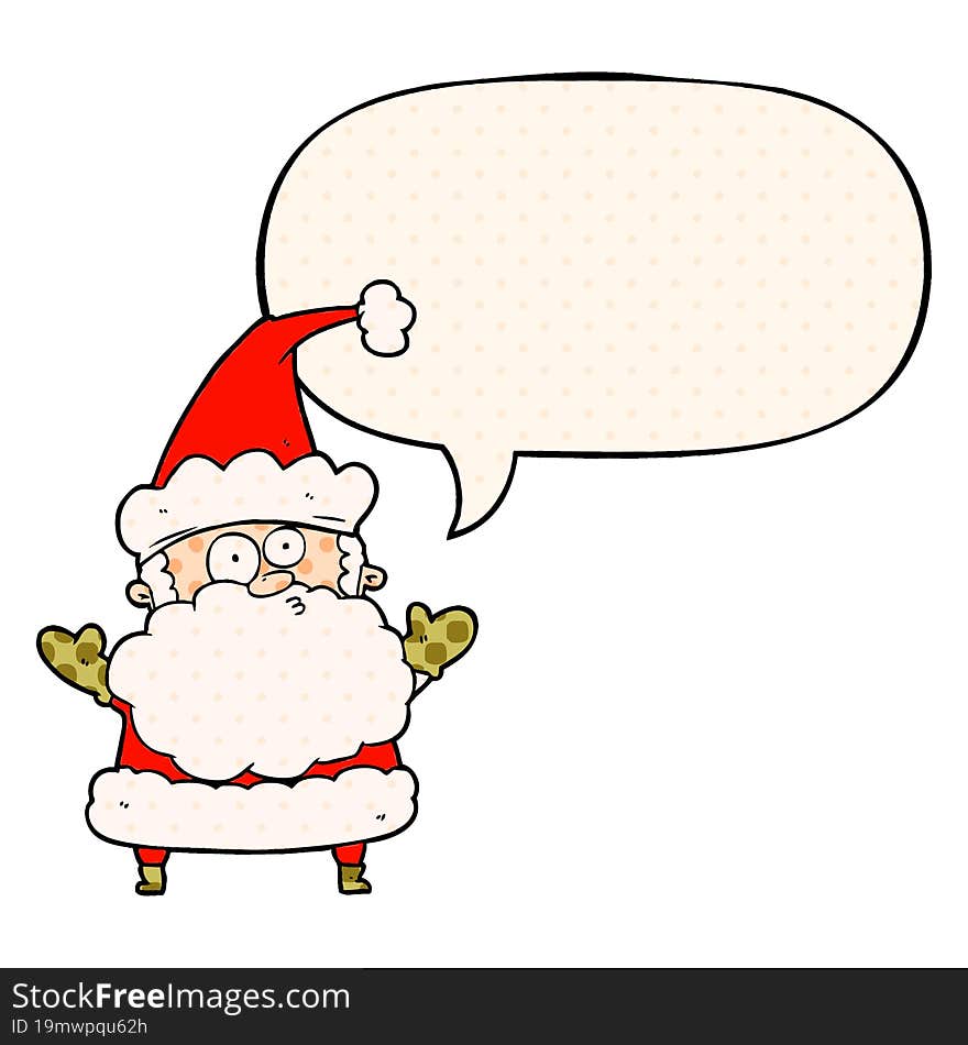 cartoon confused santa claus shurgging shoulders and speech bubble in comic book style