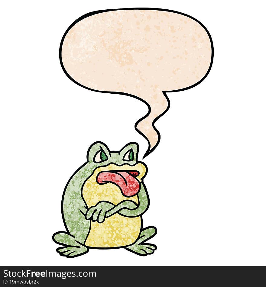 grumpy cartoon frog and speech bubble in retro texture style