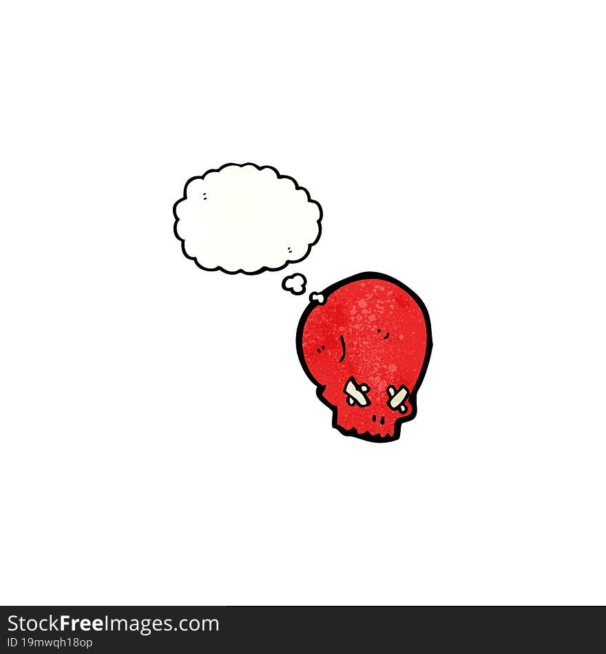 cartoon spooky red skull with thought bubble