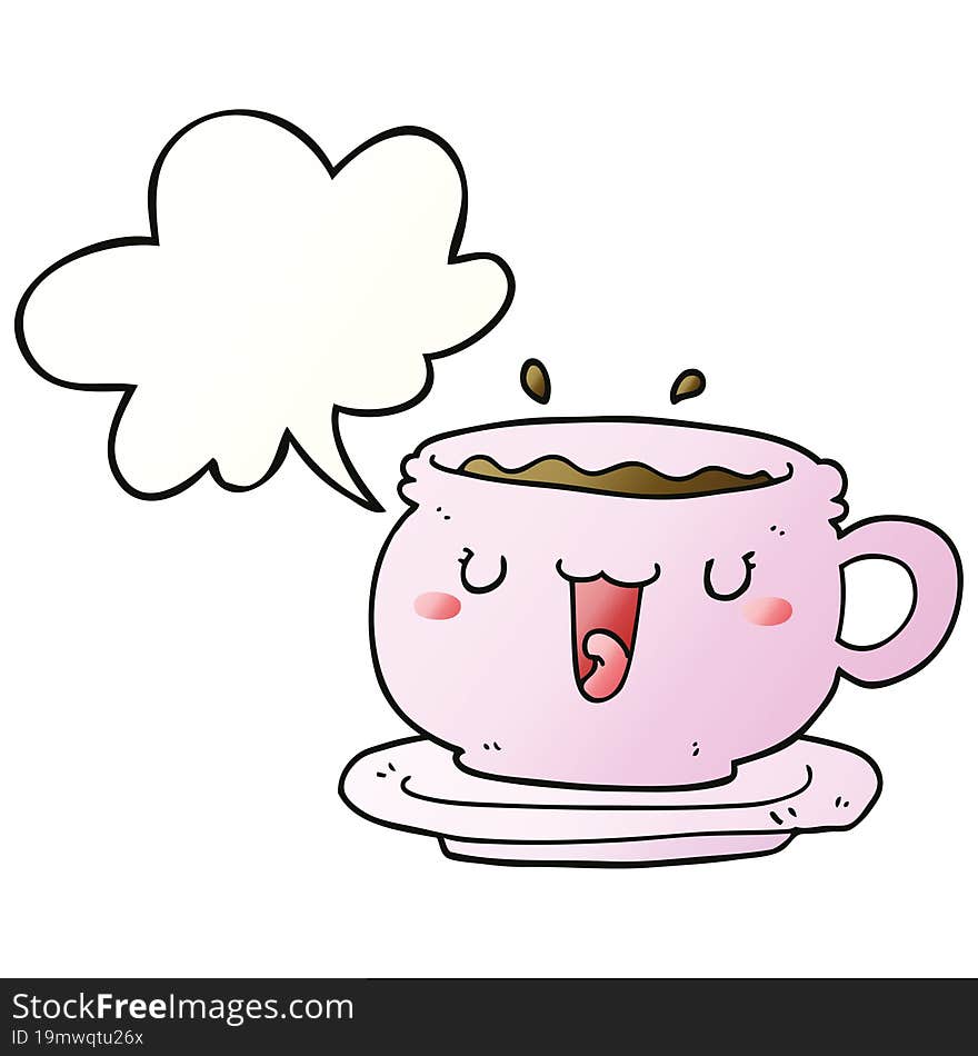 cute cartoon cup and saucer with speech bubble in smooth gradient style