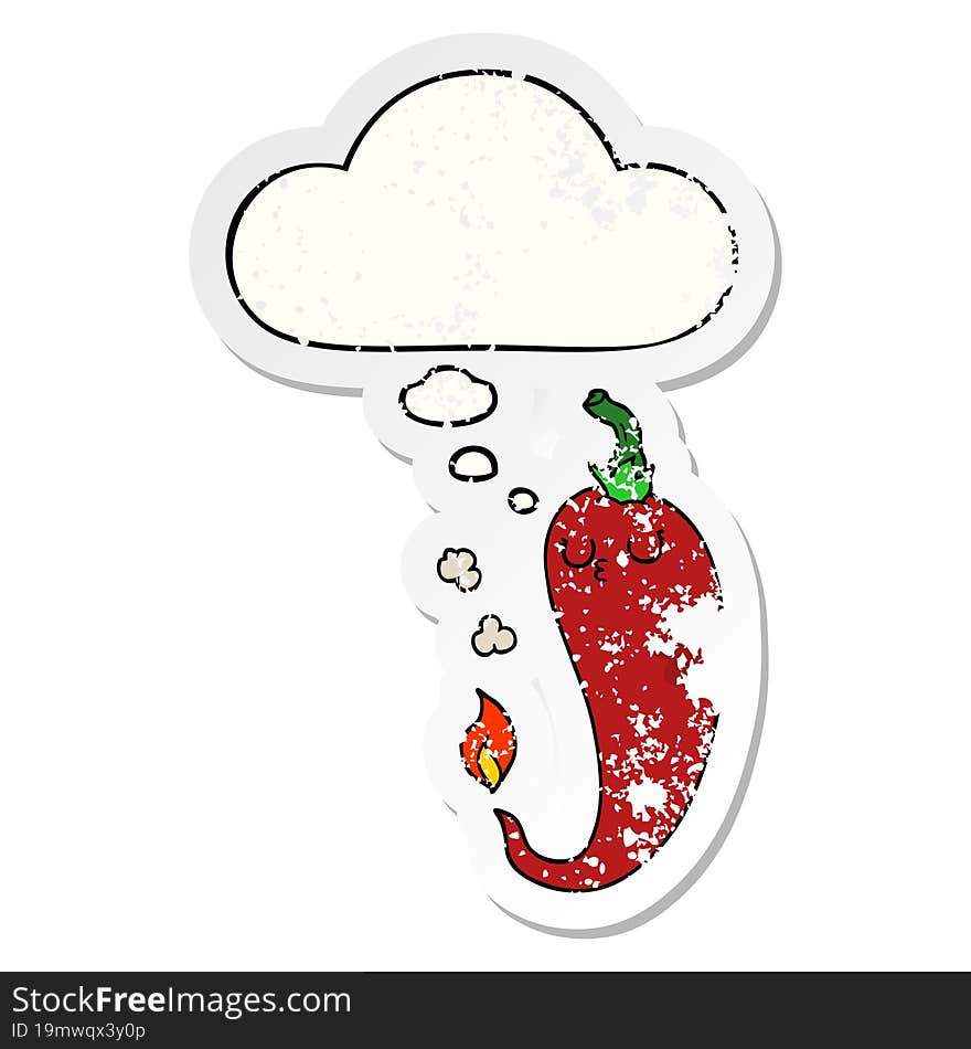 cartoon hot chili pepper and thought bubble as a distressed worn sticker