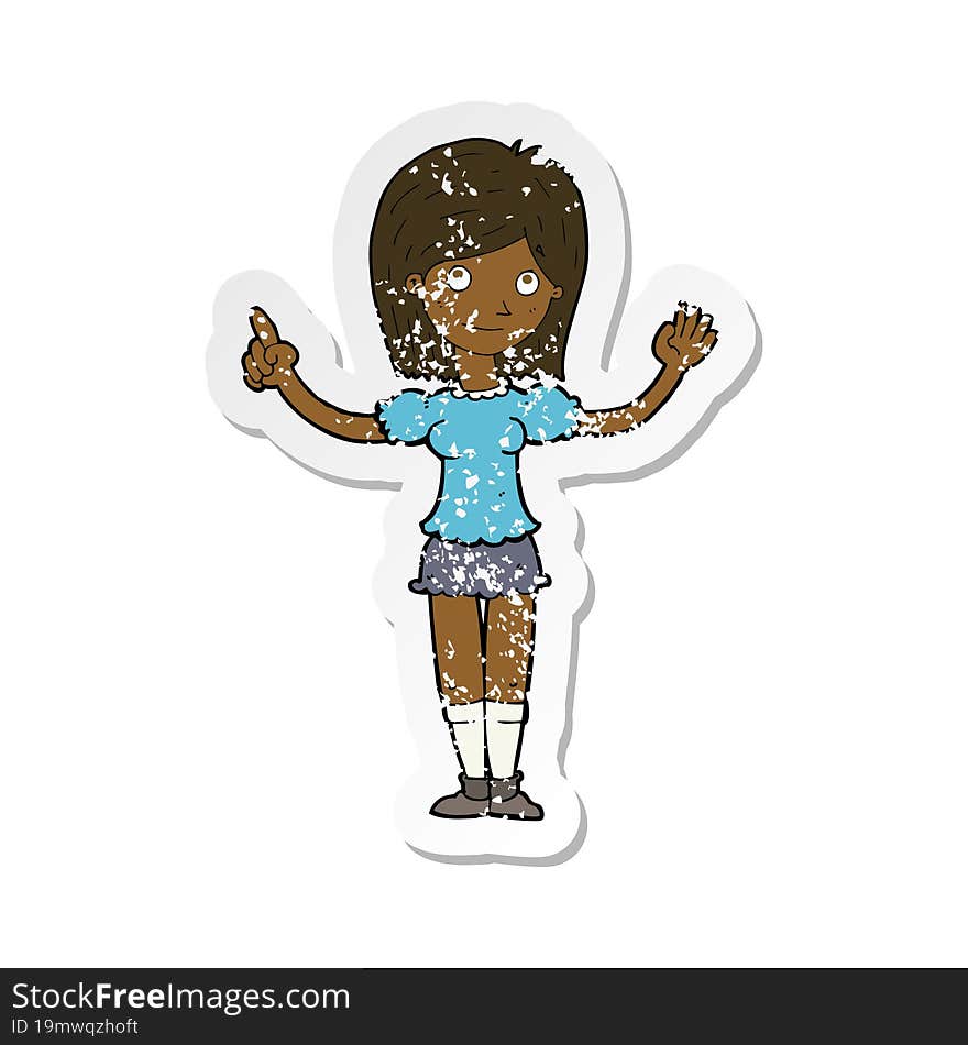 retro distressed sticker of a cartoon woman explaining idea