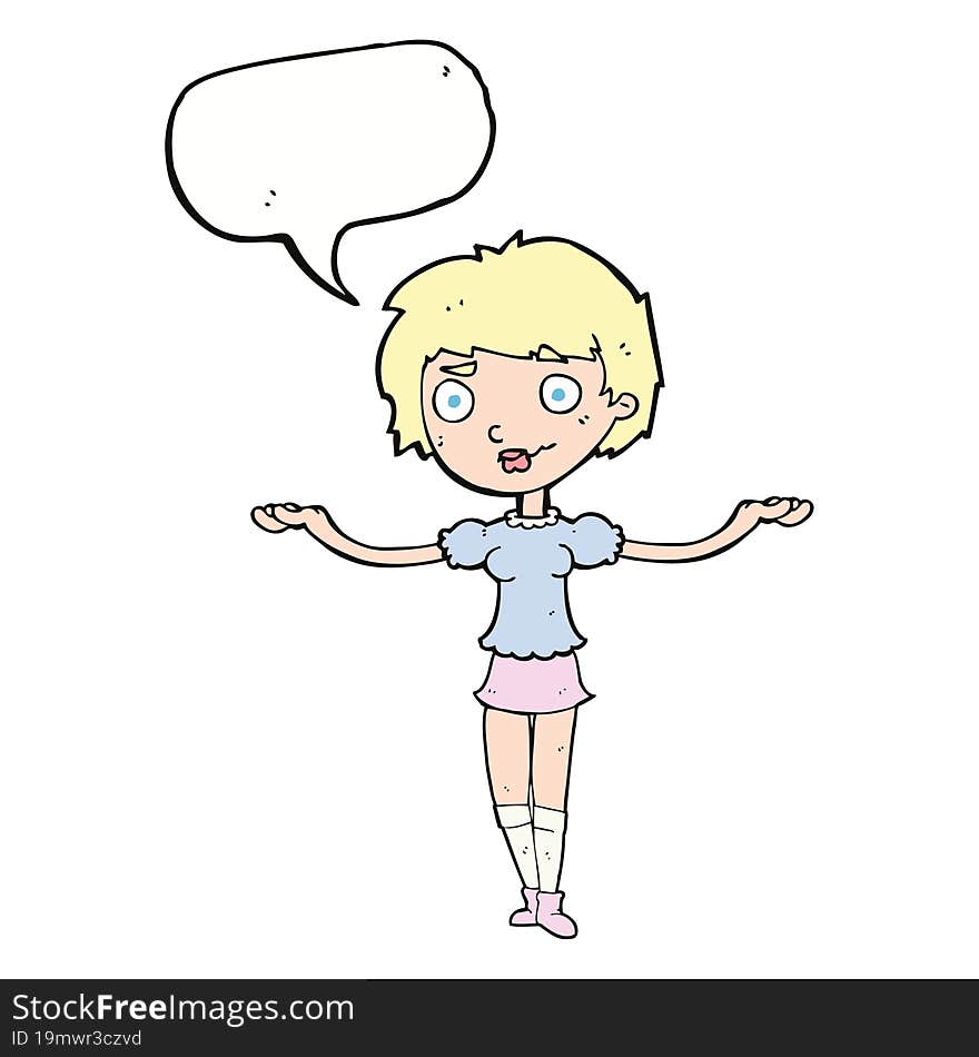 cartoon woman spreading arms with speech bubble