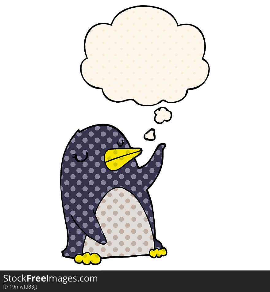 cartoon penguin and thought bubble in comic book style