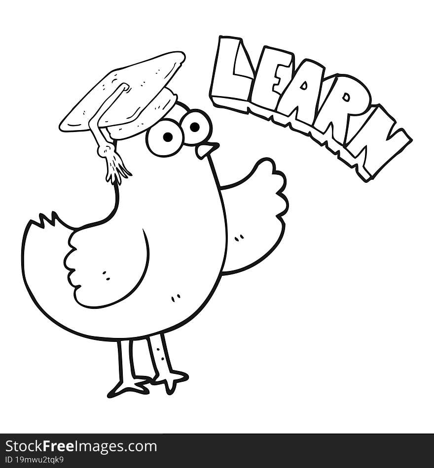 black and white cartoon bird with learn text