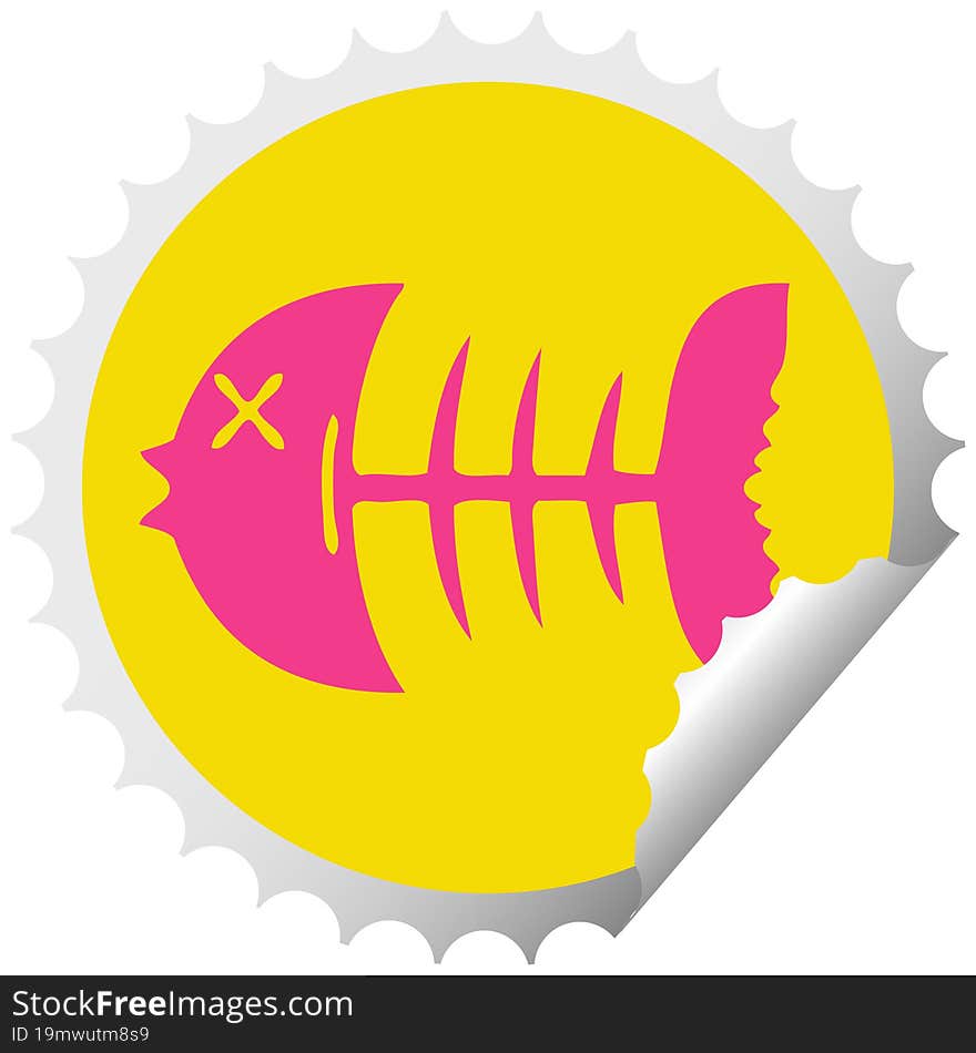 quirky circular peeling sticker cartoon dead fish bone