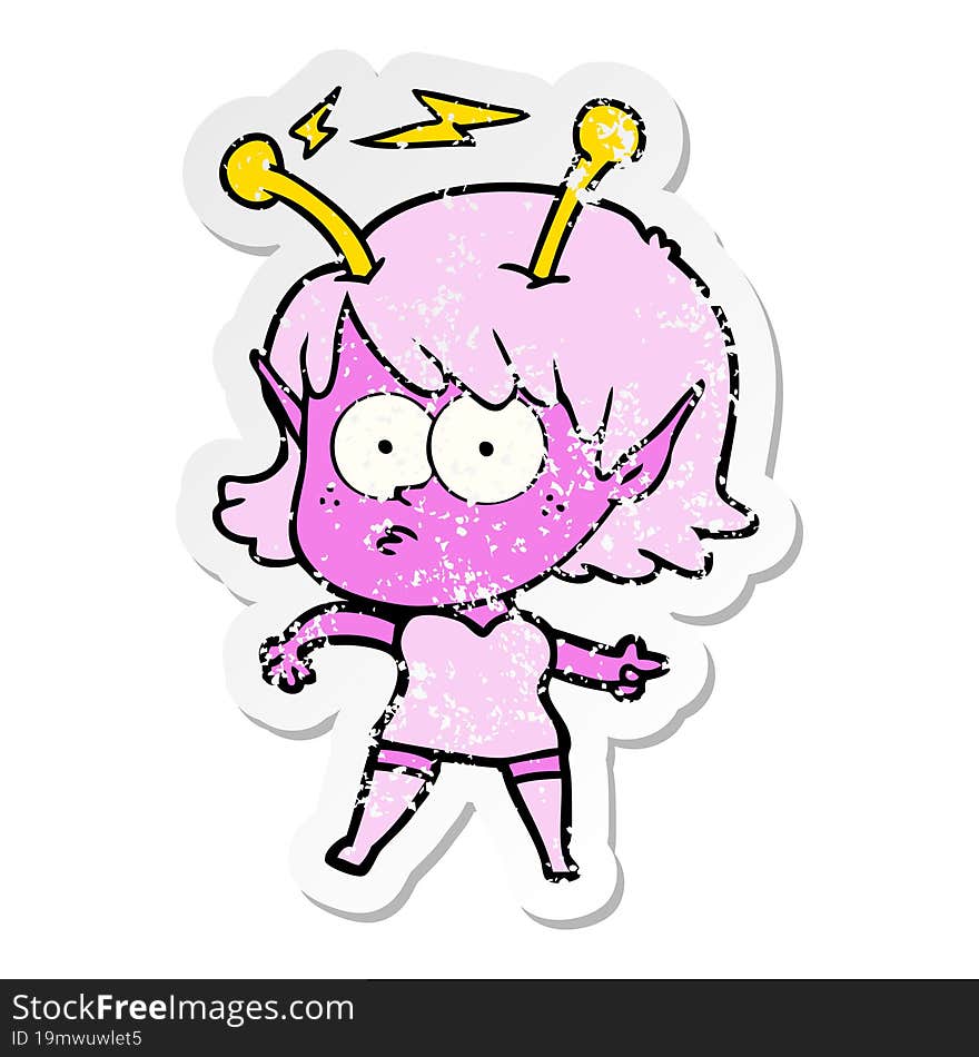 distressed sticker of a cartoon alien girl