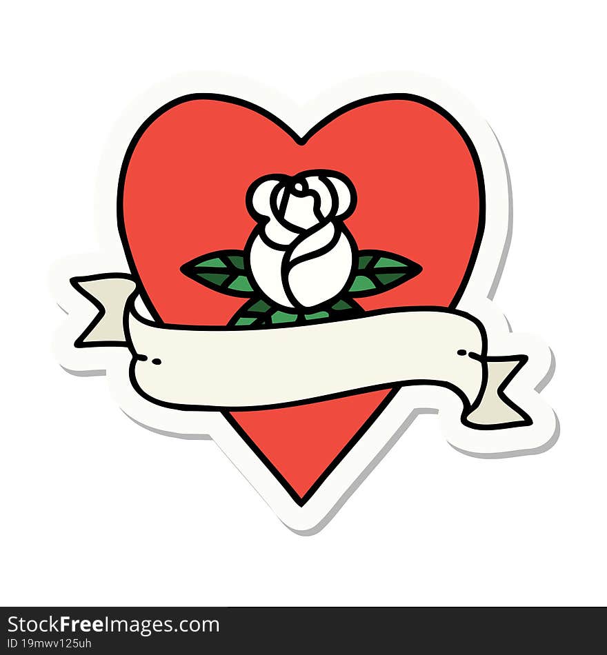 tattoo style sticker of a heart rose and banner