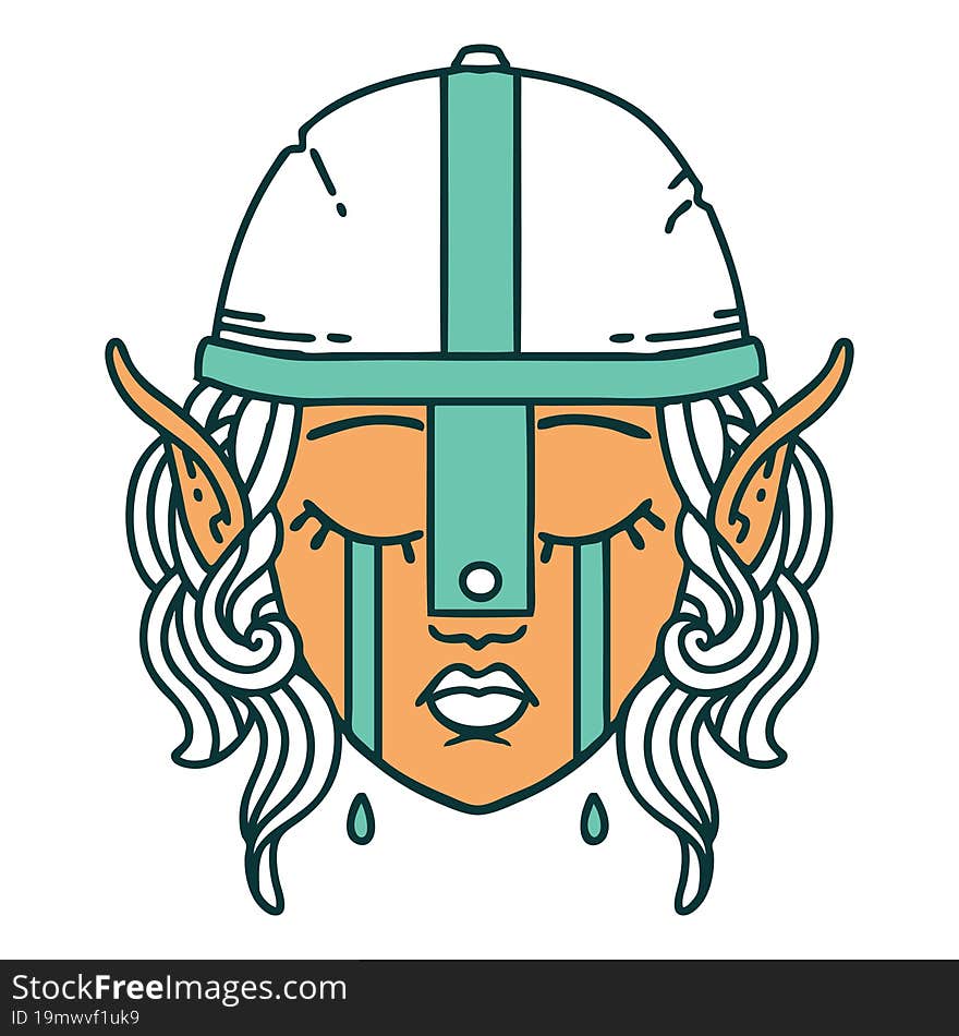 Retro Tattoo Style crying elven fighter character face. Retro Tattoo Style crying elven fighter character face