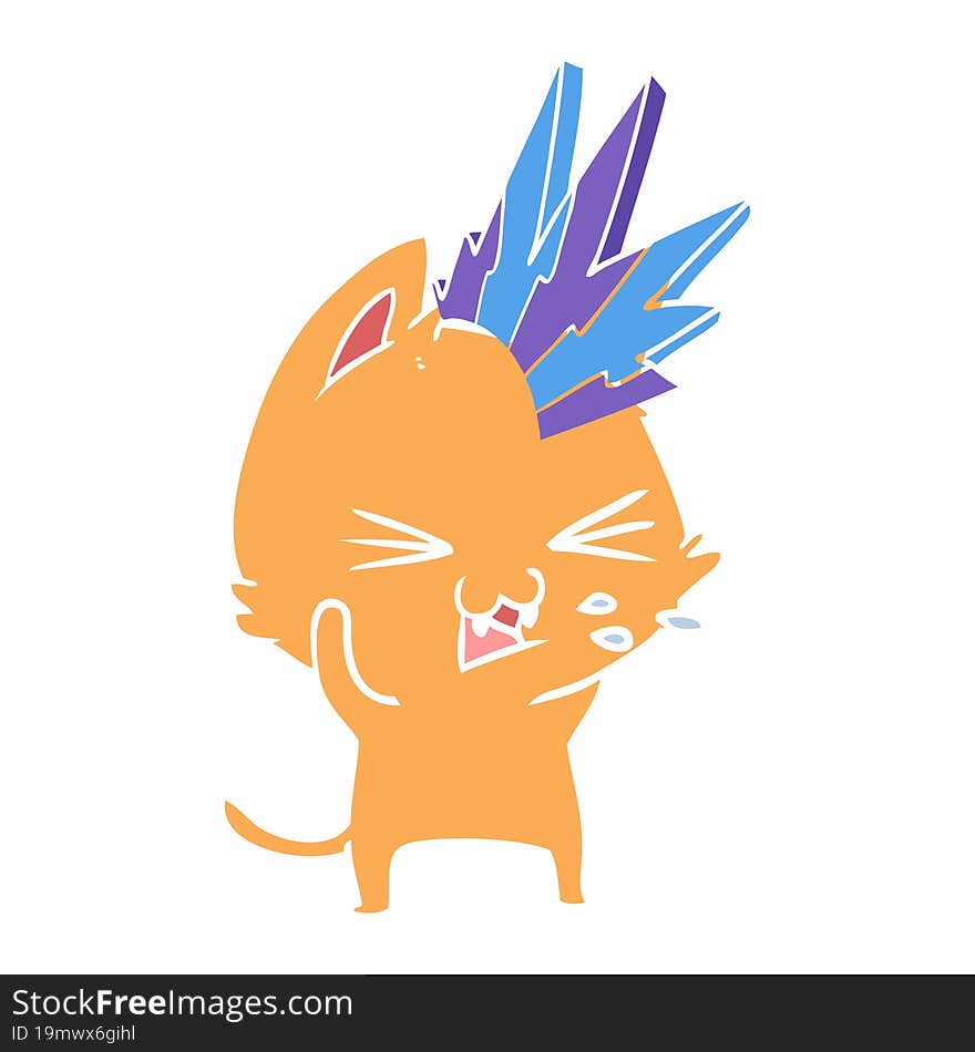 flat color style cartoon punk rock cat hissing