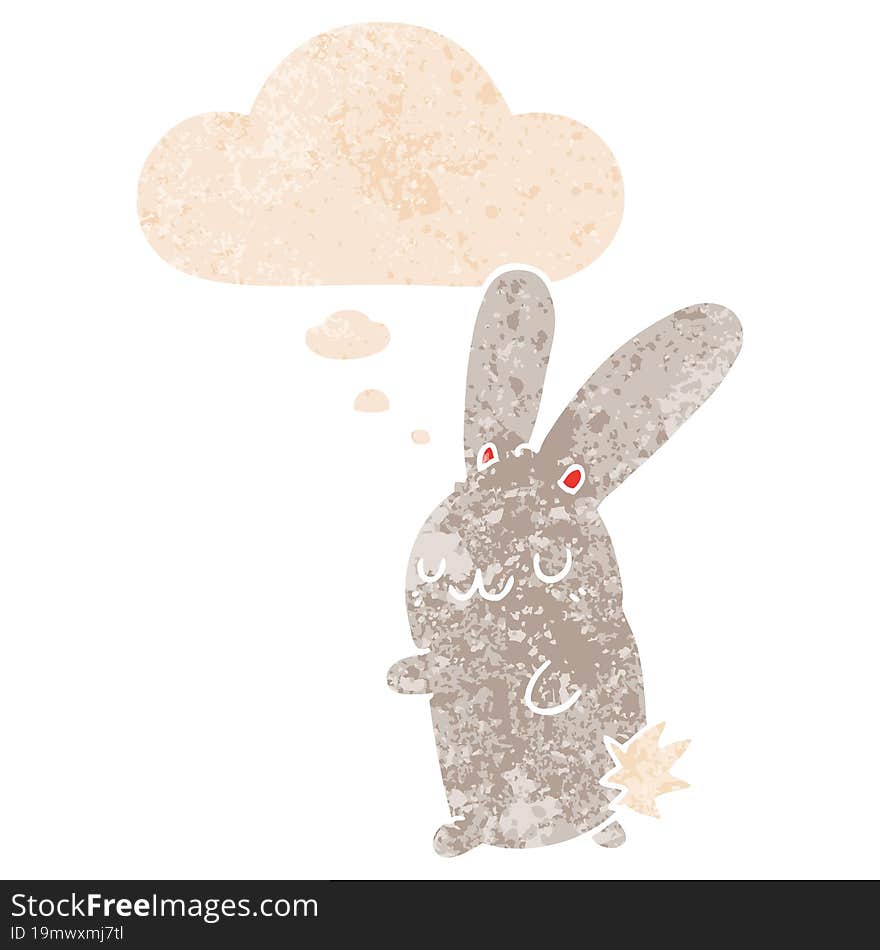 cute cartoon rabbit with thought bubble in grunge distressed retro textured style. cute cartoon rabbit with thought bubble in grunge distressed retro textured style