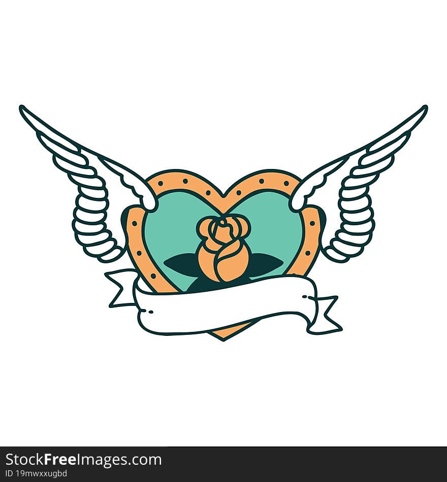 Tattoo Style Icon Of A Flying Heart With Flowers And Banner