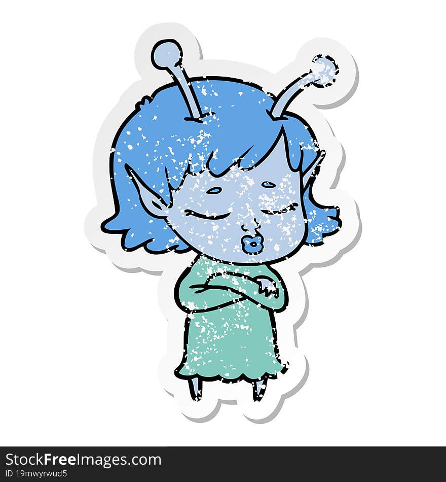 Distressed Sticker Of A Cute Alien Girl Cartoon