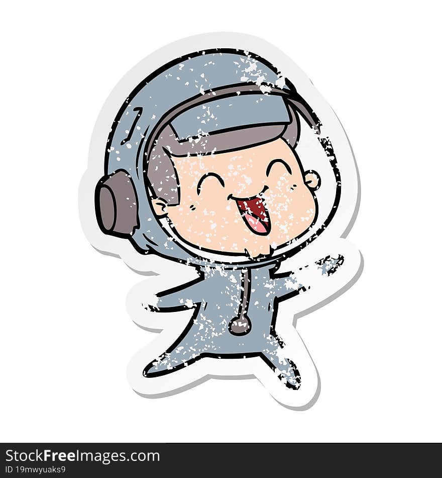 distressed sticker of a happy cartoon astronaut