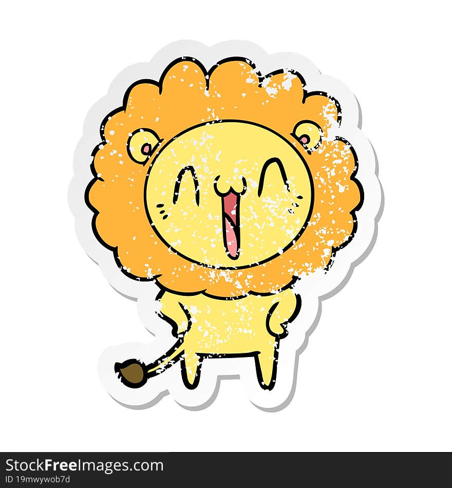 distressed sticker of a happy cartoon lion