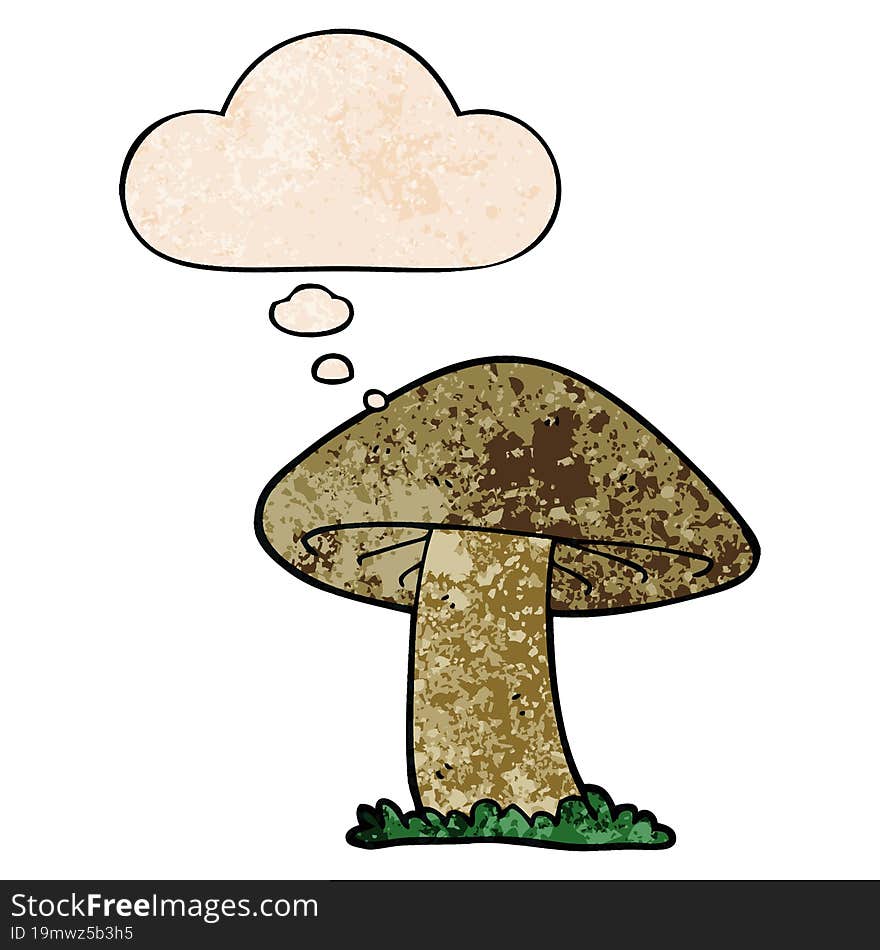 Cartoon Mushroom And Thought Bubble In Grunge Texture Pattern Style